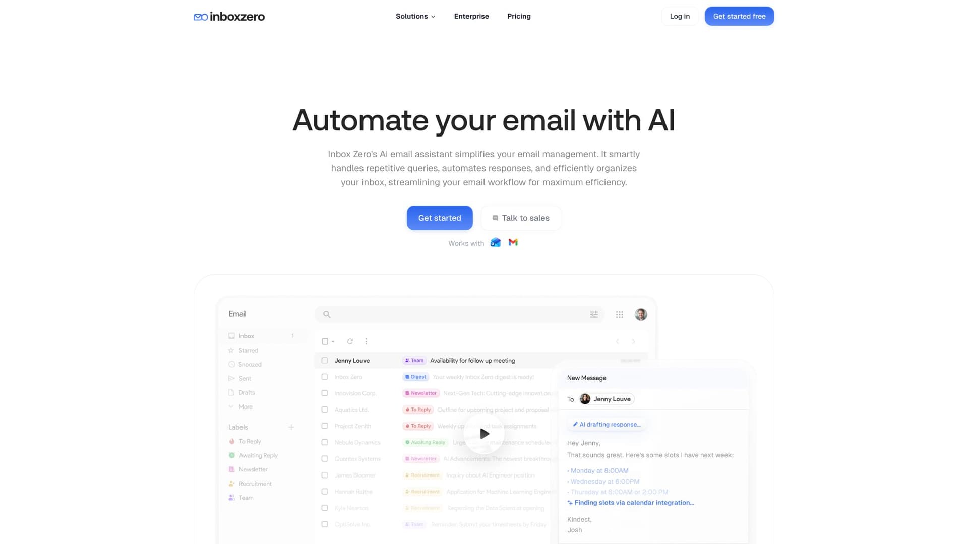 Inbox Zero AI automation page showing intelligent email rules, auto-labeling, and draft generation features for Gmail and Outlook