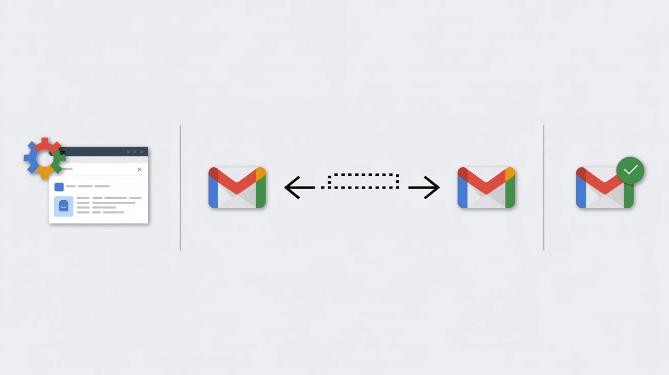 Professional illustration showing Gmail email forwarding setup in three steps: settings gear with interface panel, forwarding arrows between Gmail envelopes, and verification checkmark