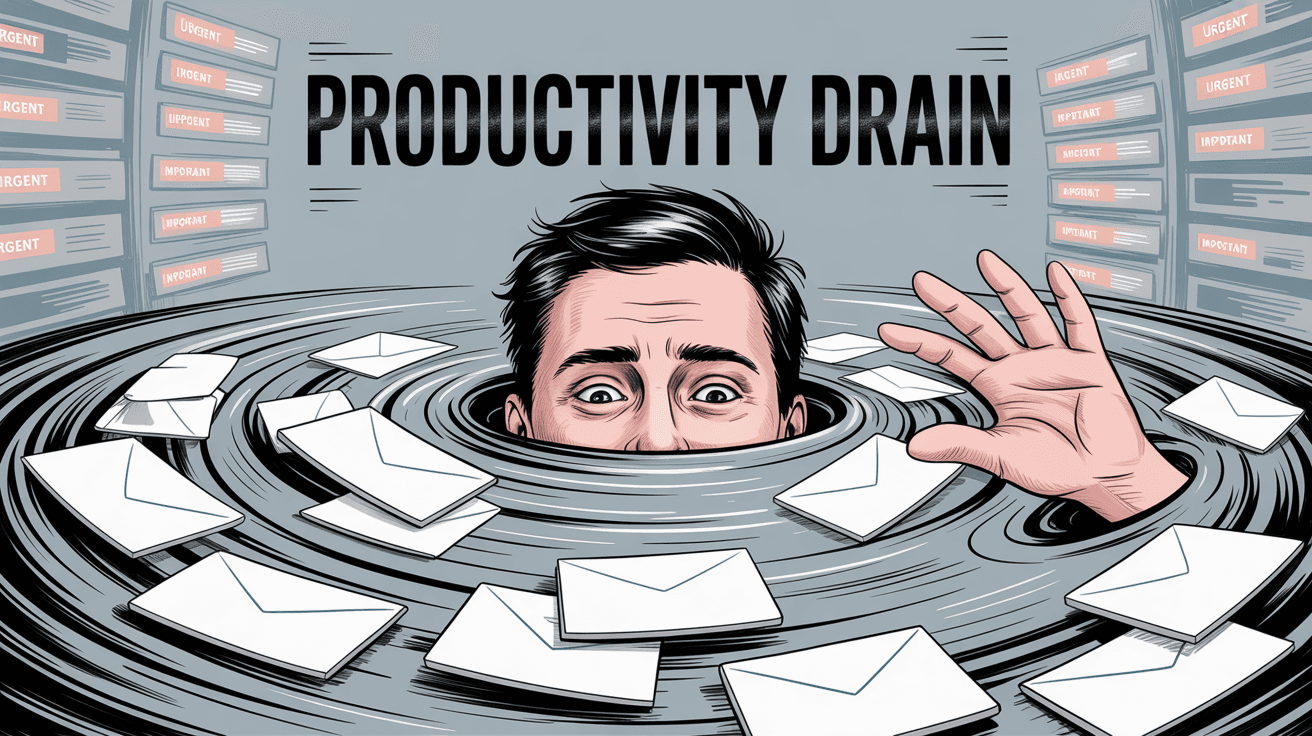 Professional illustration showing person overwhelmed by swirling emails in a productivity drain whirlpool, depicting email overload impact